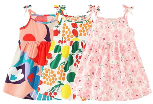 amropi Lot de 3 Robe Bébé Fille Fleurs Imprimée Coton sans Manche Casual Été Robe Rose Blanc Rose,0-6 Mois