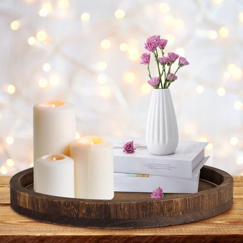 Rustic Wood Serving Tray, 30cm Vintage Round Serving Platter, Decorative Centerpiece Candle Holder Tray for Table Bathroom Decor 35x35x2cm(Retro wood)