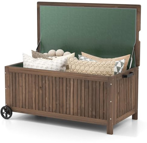 COSTWAY Baúl de Jardín 213 L con Ruedas y Asas, Arcón Exterior de Madera de Abeto con Revestimiento de PE Impermeable Extraíble, Caja de Almacenamiento para Herramientas, Juguetes y Equipo Deportivo