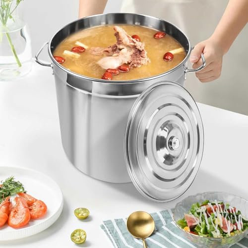 MAYFABD Gastronomie Kochtopf Suppentopf Mit 201 aus Edelstahl Deckel Universaltopf Großer Topf Eintopf Dicke 0.8 mm Gulaschkessel Campingkochtopf Nudeltopf ideal geeignet Herdarten,70l