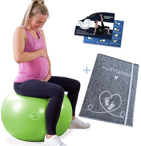 VITALWORXX VORTEILSPAKET m. Mutterpass-Schutzhülle, geruchsneutraler Gymnastikball, große Materialstärke, Berstschutz, hautfreundlich, weich, ideal für Schwangere (hellgrün, 75 cm VORTEILSPAKET)