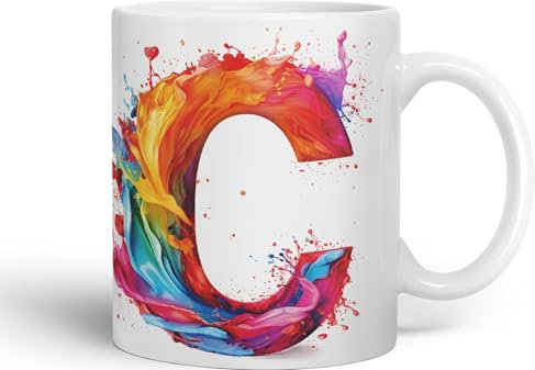Vixar Letter C Mug, Alphabet Letter C Monogram Watercolour Ceramic Coloured Mug Cup for Tea Coffee Hot Brew 330ml 11Oz Gift (White)