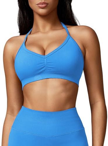ZAAYO Damen Sport BH Rückenfreie Neckholder Gym Bra Crush Halter Sport BHS Gepolsterte Push Up Bras Mittlere Unterstützung Workout BH Workout Yoga Top Himmelblau M