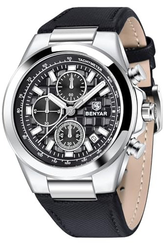 BENYAR Quarzwerk Chronograph 30M Wasserdicht Leuchtendes Datum Klassisches Lederarmband Herrenuhren(Silber Schwarz)