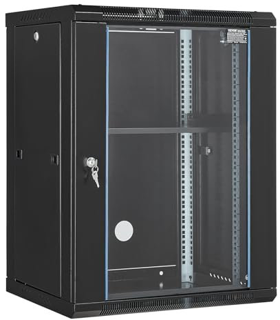 VEVOR 15U Serverschrank, 226,8 kg Traglast am Boden / 90,72 kg Traglast zur Wandmontage, Netzwerkschrank aus Q235 Kohlenstoffstahl mit abschließbarer Tür aus Glas, für IT-Geräte, Server, Switch