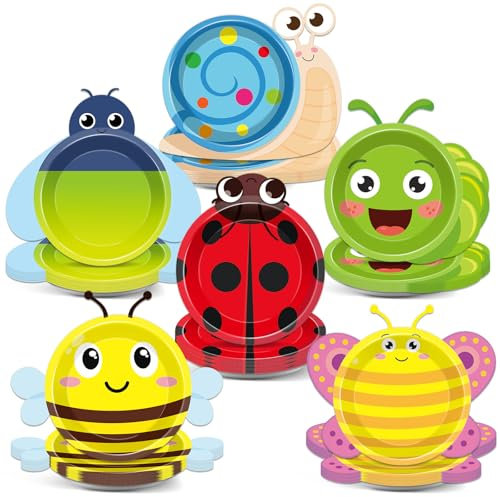 60 Stück Sommerkäfer Geburtstag Party Dekorationen Marienkäfer Bienen Schmetterling Reptilien Pappteller Insektengeschirr Geschirrset Käfer Dessertteller für Frühling Sommer Geburtstag Babyparty Party