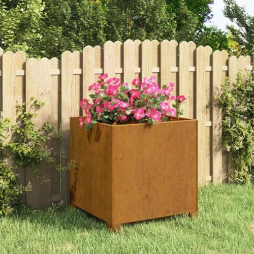 Pflanzkübel mit Beinen aus Cortenstahl 42x40x43 cm, wetterfestes Hochbeet mit Rostoptik, dekorativer Blumenkasten für Garten, Terrasse oder Balkon, rechteckig, braun