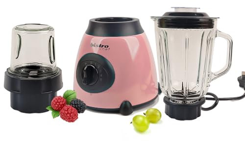 Bistro Chef 2-in-1 Ice Nuts Crushing Mixer Blender 850W, Professional Handheld Blender for Kitchen Ice Crusher, Smoothie Maker, Fruit Juice, Shake, Made from Glass & Stainless Steel (Pink)