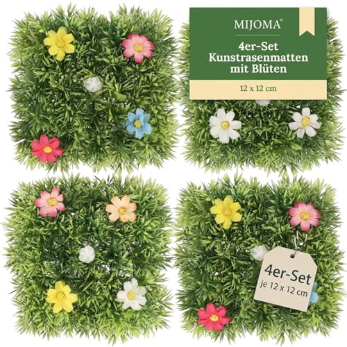 MIJOMA 4er-Set Kunstrasenmatten mit Blüten – Dekorative Grasmatten für Frühling, Ostern, Hochzeit & Geburtstag (12 x 12 cm)