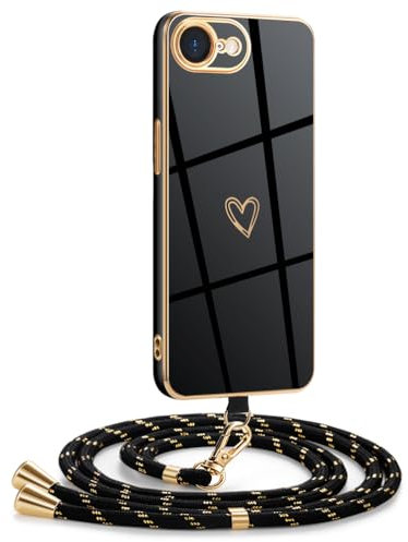 Mkej Coque pour iPhone 16E avec Cordon, Coque avec Collier Motif Coeur d'amour Silicone Galvanisé Housse, Réglable Amovible de Cordon Case pour iPhone 16E, Or Noir