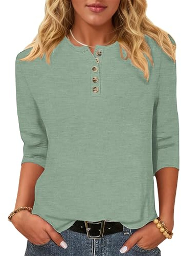 WNEEDU 3/4 Sleeve Tops for Women UK - Henley Shirts Button Up Blouse Ladies Crew Neck T-Shirt Basic Casual Tunic Elegant Tees Lightweight Pullover Pea Green L