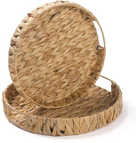 2 Pack Round Woven Tray, Water Hyacinth Serving Basket, Decorative Wicker Tray for Coffee Table Kitchen Living Room Bathroom