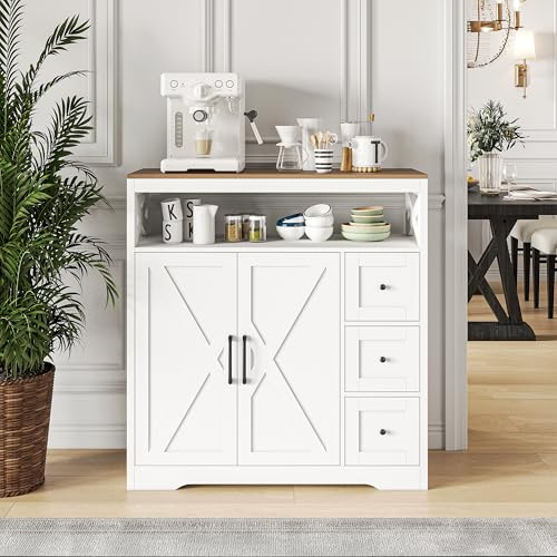Moderne Anrichte mit 2 Türen, Küchenanrichte mit verstellbarem Regal und 3 Schubladen, Aufbewahrungsmöbel, Schlafzimmerkommode, für Wohnzimmer, Esszimmer, skandinavischer Stil (Weiß, 100 x 40 x 105 cm