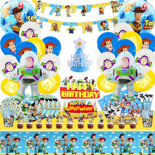 100 Pcs Anniversaire Vaisselle Kit, Story Décoration Anniversaire Ballon, Vaisselle Fête, Tasses, nappes, Serviettes, Kit Décoration Fête Anniversai