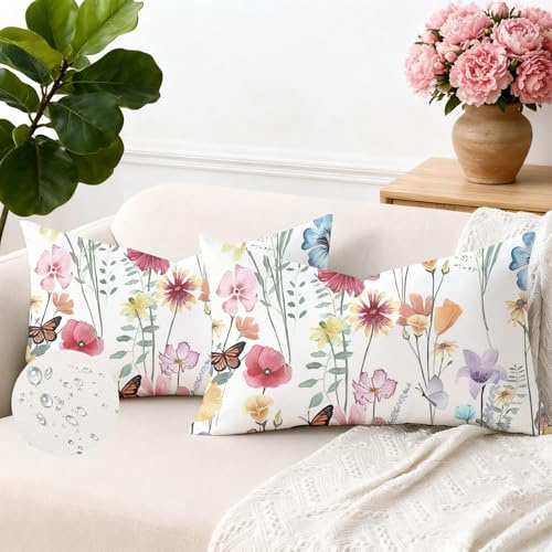 Brylleii Kissenbezug 30x50 Frühling Sommer Outdoor Kissen Wetterfest 2er Set Bunte Blumen Leinen Sofakissen Kissenhülle Doppelseitiges Kissenbezüge Zierkissenbezug für Patio Garten Sofa Couch