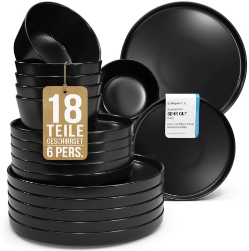 Steingut Geschirrset 6 Personen Manhattan 18-tlg. TESTSIEGER, Cooles Urbanes Steingut Geschirr Set, Schüssel- und Teller Set, Tafelservice 6 Personen, Geschirrsets Pure Living in matt Schwarz