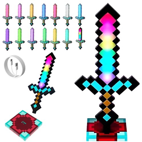 KUWUNG Diamant-Schwert Lampe Carft, 39CM Nachttischlampe Wiederaufladbare mit Sockel, Musik, 14 Einstellbare Lichtmodi, Nachtlicht Kinder für Kinder Geschenke, Cosplay, Party-Dekoration