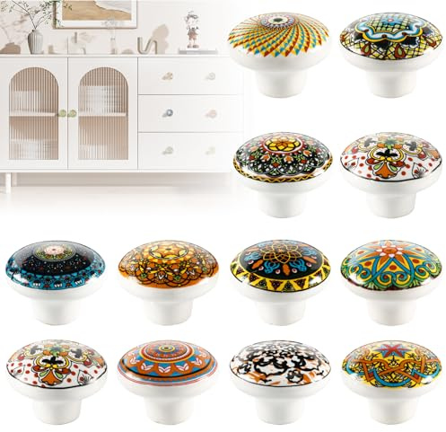 VEGOATY Lot de 12 boutons de porte en céramique : bouton d'armoire bohème, bouton de meuble vintage, bouton de commode antique, bouton d'armoire de porte multicolore, boutons de tiroir ronds de 39 mm