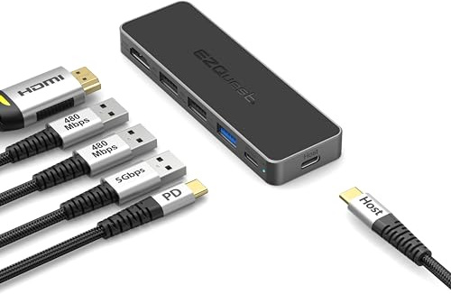 EZQuest USB-C 5-in-1 Hub Pro Series: 4K 60Hz HDMI, 100W PD Charging, USB 3.0 Data, 20 Detachable Cable. Multiport Adapter for MacBook