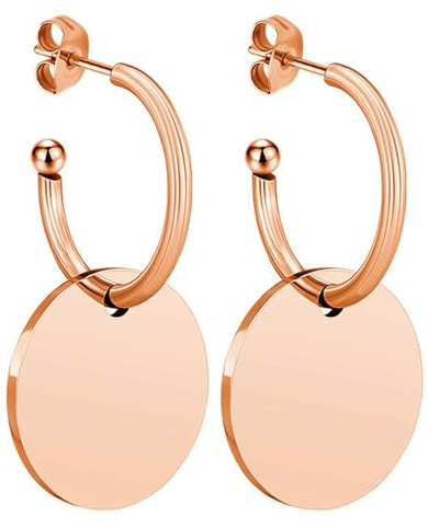 LÖB 750 Roségold vergoldet Edelstahl Creolen Kreis Platte Hängend Glänzend Damen Ohrringe Ohrstecker Modern Minimalistisch Plättchen Anhänger Rund Gold