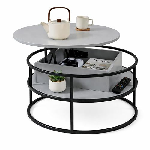 Relaxdays Couchtisch, höhenverstellbar, grau/schwarz | Beistelltisch Stauraum, HD: 46x80 cm, Tisch Hebeplatte, MDF, Eisen