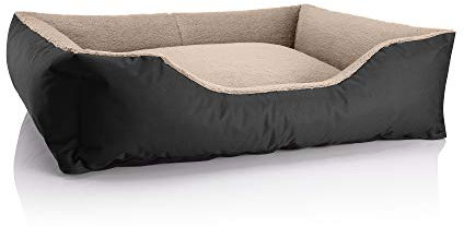 BedDog Hundebett Teddy, Hundesofa aus Cordura und Microfaser-Velours, waschbares Hundebett mit Rand, Hundekissen Vier-eckig, für drinnen, draußen, Größe XL, schwarz-beige