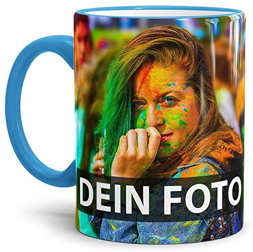 Tasse selbst individuell gestalten/Personalisierbar mit eigenem Foto Bedrucken/Fototasse/Motivtasse/Werbetasse/Firmentasse mit Logo/Rand & Henkel Hellblau - XXL Druck