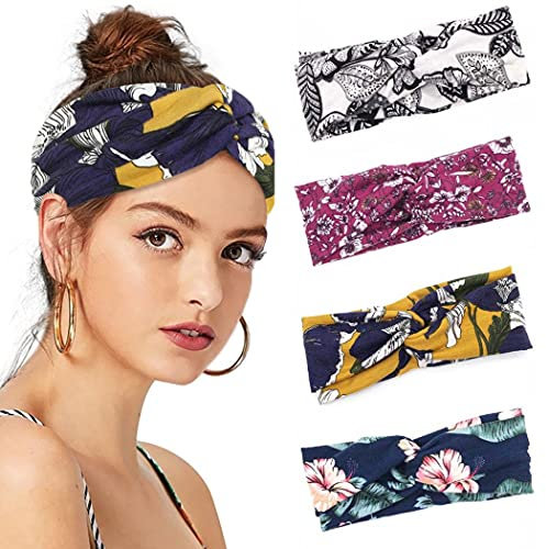 IYOU Boho Harrband Damen Blume Kopftuch Geknotetes Stirnband Baumwolle Breite Haarbänder Dehnbare Kopfwickel für Frauen und Mädchen (4er Pack)