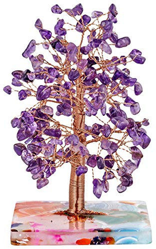 mookaitedecor Natural Purple Amethyst Crystal Tree with Agate Chakra Crystals Base, Colourful Amethyst Tree of Life Good Luck Feng Shui Ornament Gift Reiki Healing Crystal Money Tree Purple Room Decor