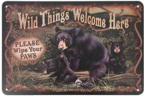 AOYEGO Wild Things Bear Tin Sign,Bear in The Forest Welcome Here Please Wipe Your Paws Vintage Metal Tin Signs for Cafes Bars Pubs Shop Wall Decorative Funny Retro Signs for Men Women 8x12 Inch