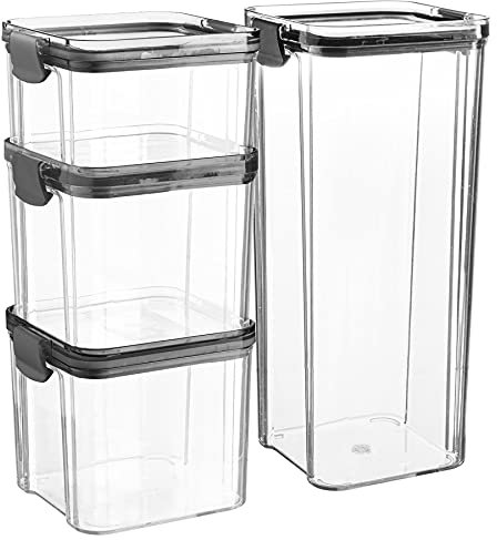 Argon Tableware 4 Piece Food Storage Containers Set - Plastic Kitchen Pantry Organiser Jars - Clip Lid - 3 Sizes - Black