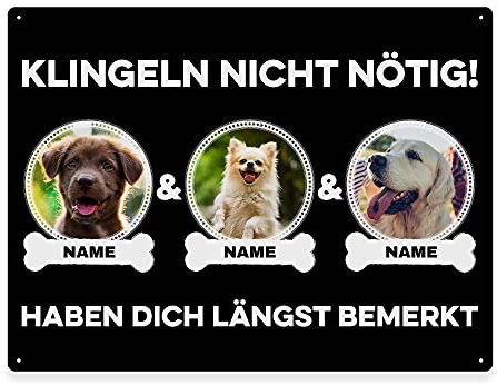 Hunde Schild personalisiert - Klingeln nicht nötig - Metallschild mit Foto und Name für außen, wetterfestes Türschild für Hundebesitzer - DIN A5-21 x 15 cm, drei Tiere, schwarz