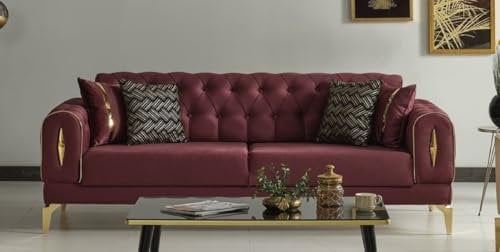 Casa Padrino Luxus Schlafsofa Weinrot/Gold 225 x 95 x H. 83 cm - Wohnzimmer Sofa mit 4 Kissen - Luxus Wohnzimmer Möbel