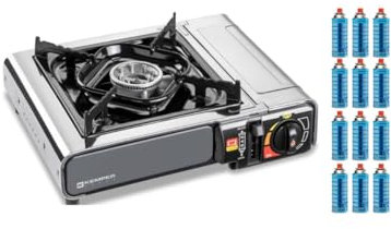 Kemper - Hornillo de gas (acero inoxidable, 2200 W, incluye 12 cartuchos de gas, encendido piezoeléctrico), color negro