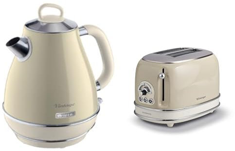Ariete Vintage 2869 Bouilloire Électrique en Acier Inoxydable, 1,7 L & Vintage 155 Grille-Pain design 2 Tranches avec Pince, 6 Niveaux de Grillage, 810 W, Corps en Acier Inoxydable, Beige Pastel
