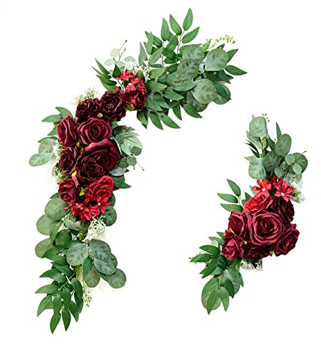 HLTER Hochzeitsbogen-Blumen-Set, 2 Stück, künstliche weinrote Rosen mit grünen Blättern, große Kunstseide, Blumenarrangement, Girlande, Dekoration