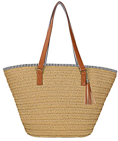 Womens Large Straw Shoulder Bag Beach Tote Handbag Purse with Tassel for Summer, Light Brown