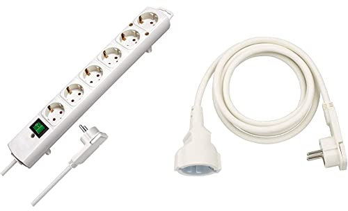 Brennenstuhl Comfort-Line Plus, Steckdosenleiste 6-Fach (Mehrfachsteckdose mit Flachstecker und Schalter, mit 2m Kabel) weiß & Qualitäts-Kunststoff-Verlängerungskabel mit Flachstecker (2m) weiß
