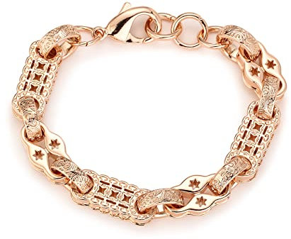 THE BLING KING 11mm 3D Rose Gold Stars and Bars Bracelet, 18K Real Rose Gold Plated Uniquely Patterned Stylish Fashion Jewellery for Women (Length: 8.5-9, Weight: 61 G)