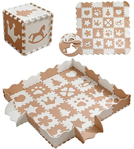 MUSOLEI Puzzlematte Baby Puzzle Matte Kinder Spielmatte Kinderspielteppich Boden mit Zaun Eva Schaumstoff Schadstofffrei XXL Krabbelmatte 36 Stücke rutschfest 142×142×1cm Khaki, Modell 04