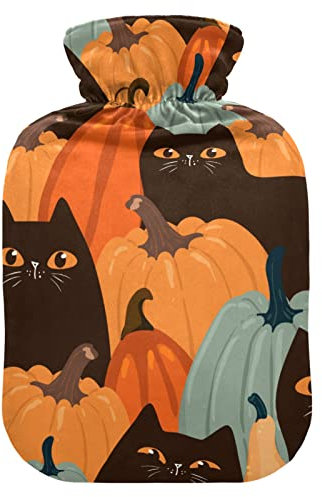 Hot Water Bottle with Soft Velvet Cover Cute Cat Pumpkin Kitten Autumn Hot Water Bag for Pain Relief Hot and Cold Compress Body Bed Warmer 1L