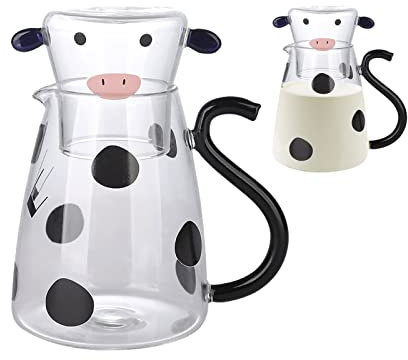 Jarra vidrio con taza, vidrio transparente vaca dibujos animados, bonita jarra té vidrio vaca, jarra leche hervidor leche, jarra agua nocturna bebida medianoche, hogar, oficina, hotel, 550ml