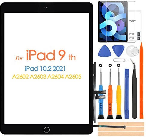 Touchscreen für iPad 9 2021 9th Generation, Digitizer für iPad 10.2 2021 A2602 A2603 A2604 A2605, Front-Touchscreen Mit Homebutton, Inklusive Reparaturwerkzeuge (Schwarz)