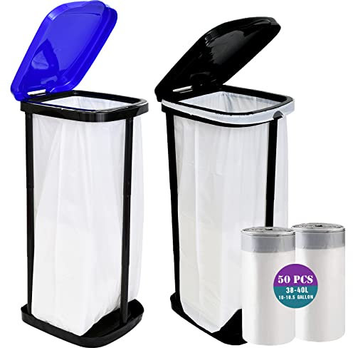AngeLvet 2PCS Portable Trash Bag Holder Collapsible Trash can with 50 PCS Drawstring Trash Bags | Expandable Outdoor Waste Bins Camping Accessories for Indoor Outdoor RV Picnic Kitchen | Blue & Black
