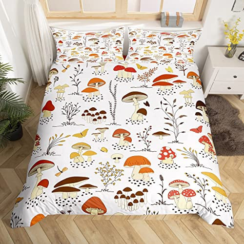 Mushroom Duvet Cover Set King Size, Botanical Floral Print Comforter Cover with 2 Pillowcases, Dragonfly Butterfly Bedding Set 3pcs for Kids Boys Girls Room Decor Lightweight Bedspread Cover