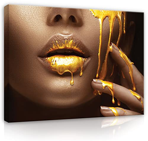 Bilder Frau Gesicht Gold Lippen Sexy 60x40 cm - Leinwandbild Modern Leinwand Bilder Groß XXL Schlafzimmer Wohnzimmer Wandbild Kunstdruck Wandbilder Wand Bild auf Leinwand