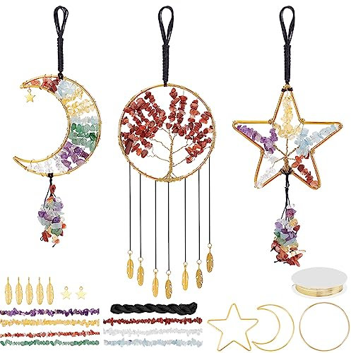 WEBEEDY DIY 3 Arbre de Vie Attrape-rêves 7 Chakras Pierre de Cristal de guérison Ornement Suspendu fenêtre Voiture décoration Murale Attrape-rêves pour la Bonne Chance énergie