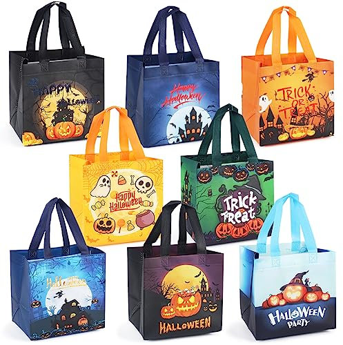 8PCS Süßes oder Saures Tüten, Happy Halloween Tragetaschen mit Griffen, Halloween Geschenktüten, Non-Woven Halloween Taschen zum Verpacken von Geschenken