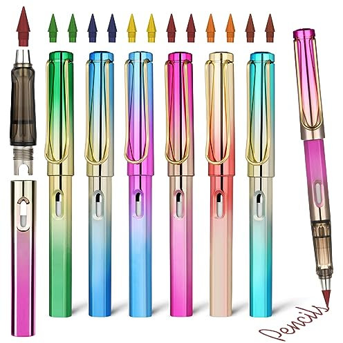 Ainiv 6 PCS Tintenloser Bleistift, Farbe Infinity Pencil, Wiederverwendbarer Everlasting Pencil mit 12 Austauschbarem Ewiger Bleistift Wechselkopf, Zeichnen, Studenten Home Office School Supplies