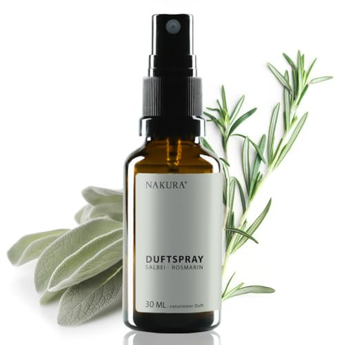 NAKURA® Raumspray, Duftspray und Lufterfrischer SALBEI - ROSMARIN Bio 30 ml - Natürliches Raumduft Spray aus reinen ätherische Öle - Lufterfrischer Wohnung ohne Chemie - Naturreiner Duft